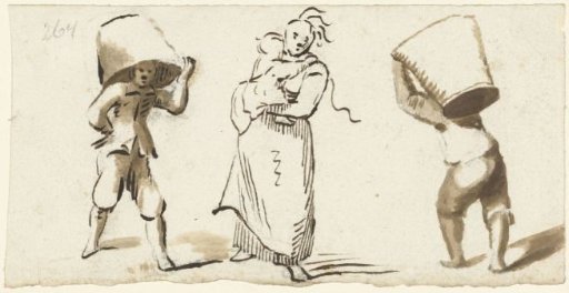 Two men with baskets and a woman with a child