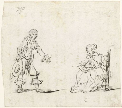 Man greeting a seated woman