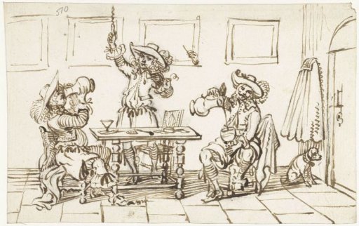 Interior with three smoking and drinking soldiers