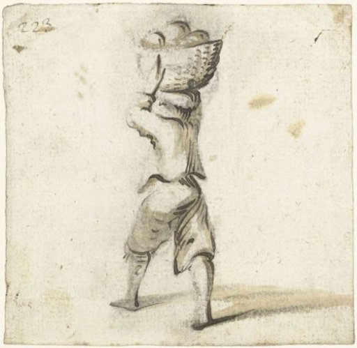 Man with a large basket on his head, from behind