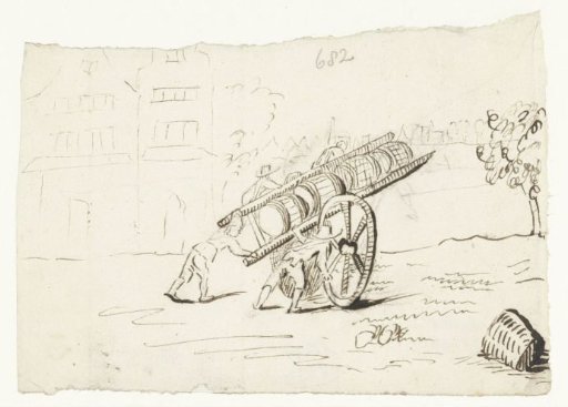 Men pushing and a cart loaded with barrels