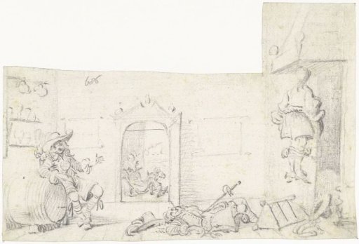 Tavern interior with two dead men and a drunken man