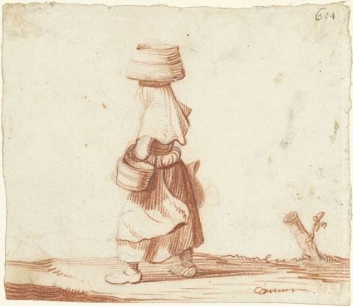 Woman carrying buckets on a path, to the left