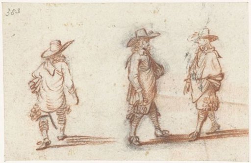 Study sheet with three views of a walking gentleman