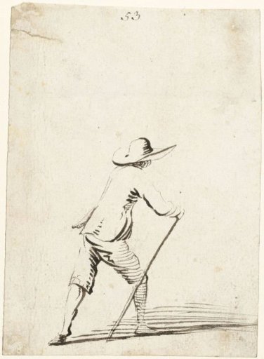 Man leaning on a staff while walking to the right, seen from behind