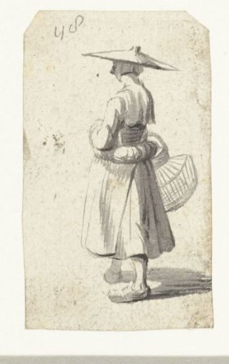 Woman with a straw hat and a basket for poultry, seen from behind