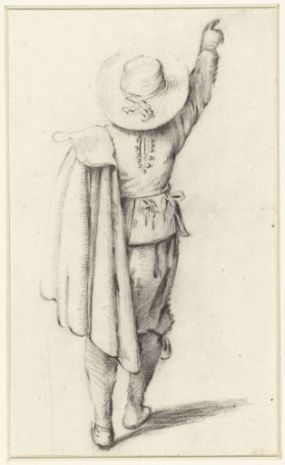 Standing boy with a cloak, seen from behind