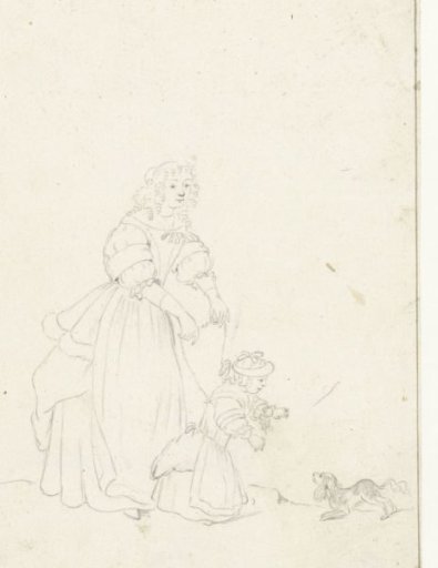 Woman walking with a child on a leash and a dog
