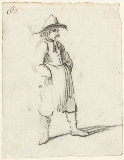 Boy with his hands under an apron, facing right