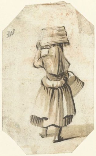 Woman with buckets and a shawl over her head, from behind