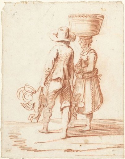 Man with poultry and a woman with a basket