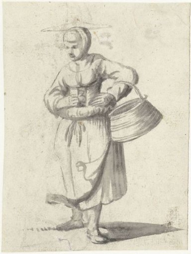 Woman with a Straw Hat and a Bucket on Her Arm