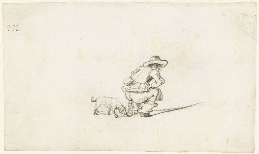 Boy squatting to relieve himself next to a dog