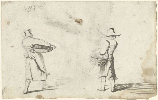 Woman with a scale and man with a basket, from behind