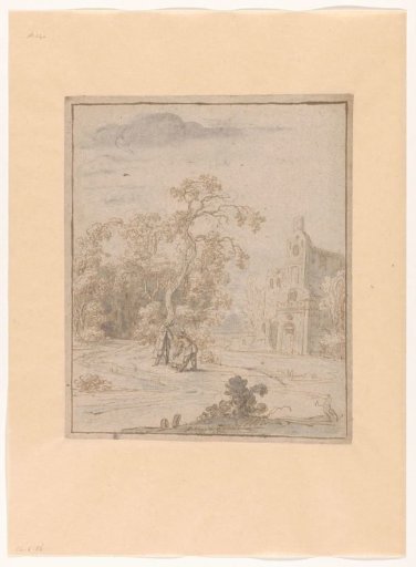 Landscape with a building and two men by a basket