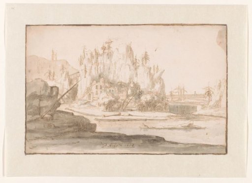 River landscape with ruin and waterfall