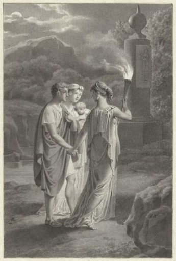 Design for a book illustration with a young family and a woman with a torch