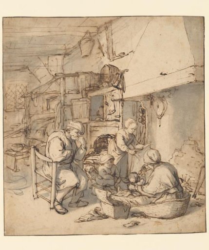 Peasant family by the fireplace