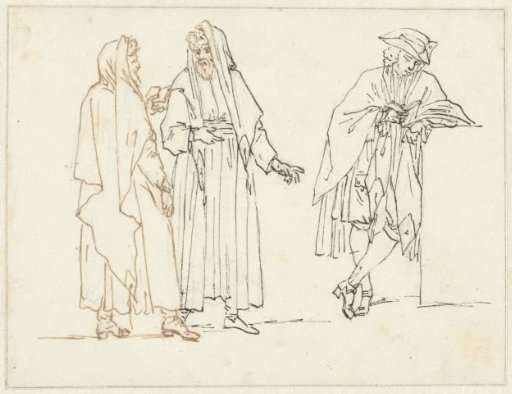 Sketches of two standing men and a reading man