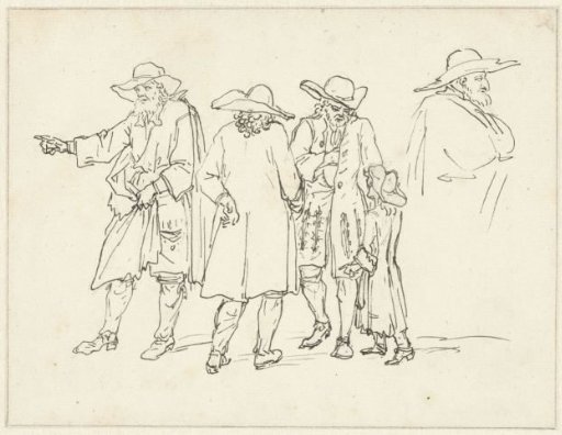 Sketches of standing men with a boy
