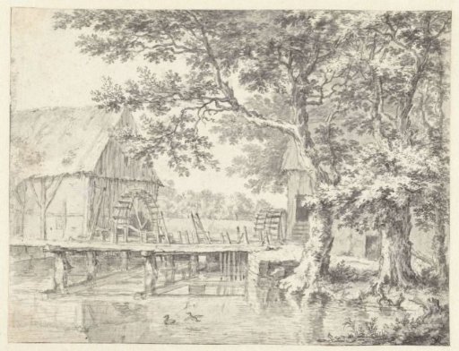 View of Two Watermills Flanking a Sluice