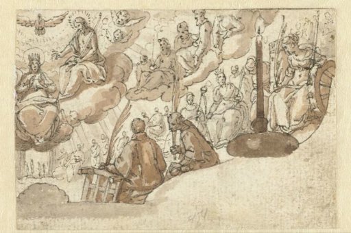 Throning Mary in heaven surrounded by saints