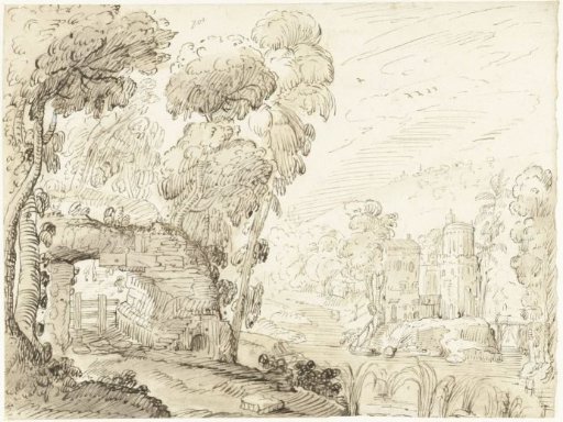 Idealized Italian Landscape with a Ruined Bridge and a Castle