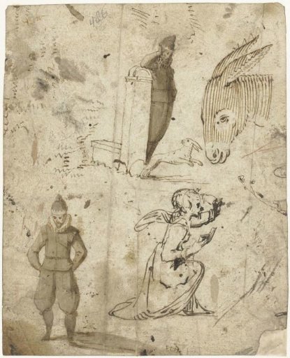 Studies of an angel, a man, a donkey and a rabbit