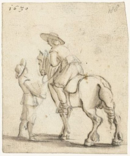 Rider on horseback talking to a young boy