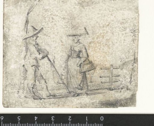 Man and woman conversing by a fence