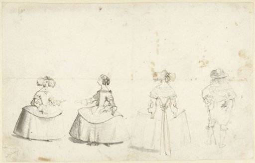 Three women in Spanish dress, and a man