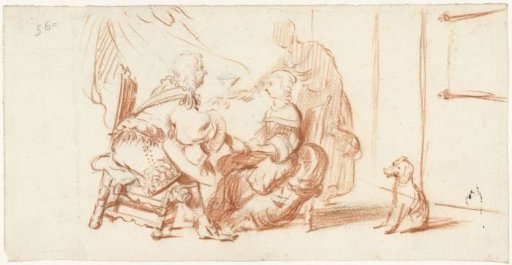 Gentleman talking with a lady, beside them a maid and a dog