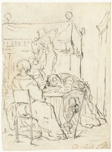 Drinking scene with a seated lady, a sleeping soldier, and a standing gentleman