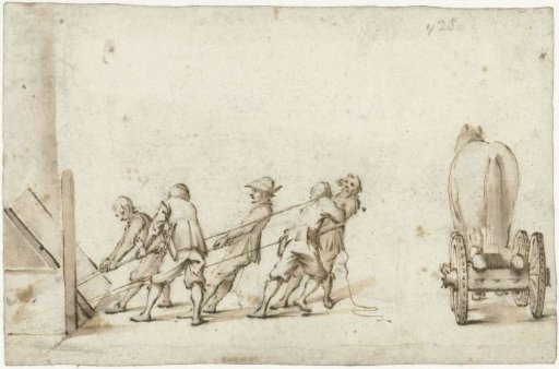 Five Men Pulling a Heavy Object from a Cellar