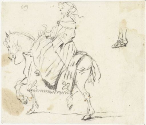Woman on Horseback, Seen from the Side, with a Sketch of a Lower Leg and Foot
