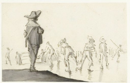 Officer watching skaters, seen from behind