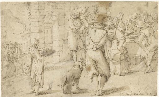 Company at a banquet on an Italian terrace