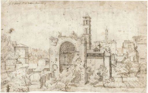 View of the apse of the Temple of Venus and Roma and the convent of S. Maria Nova, Rome