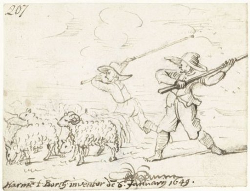Two shepherds driving their sheep forward