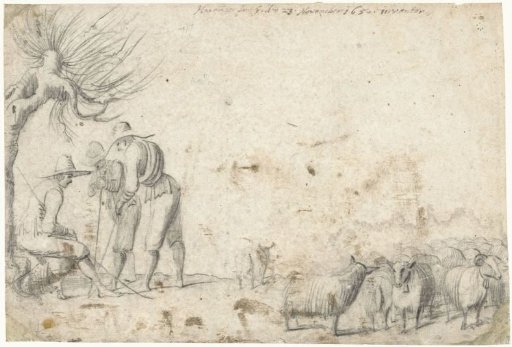 Three shepherds in conversation next to a flock of sheep