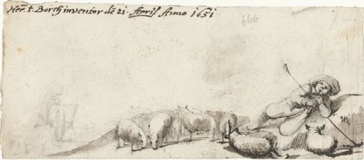 Shepherd Playing a Flute Among His Sheep
