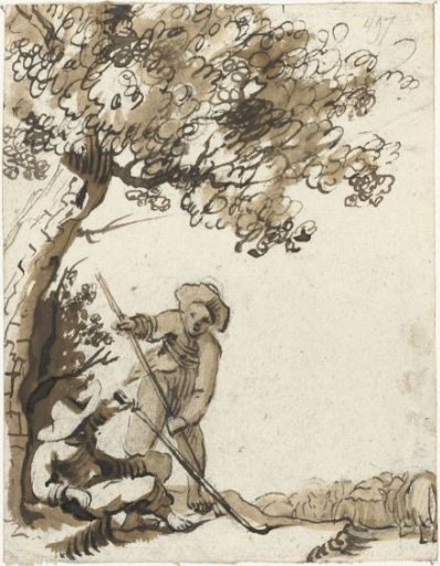 Two Shepherd Boys with Staffs in Conversation Under a Tree