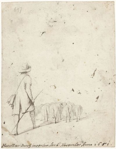 Shepherd and his sheep, seen from behind