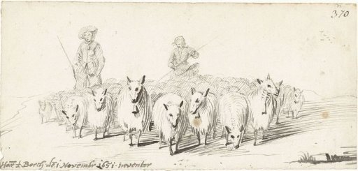 Two boys driving a flock of sheep