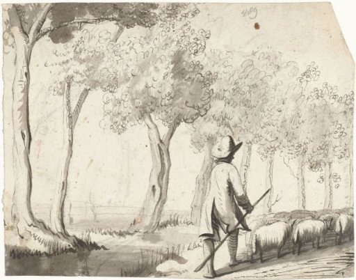 Shepherd and his flock walking on a path along trees