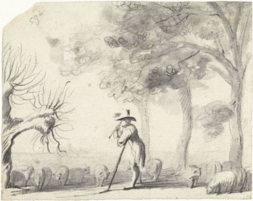 Shepherd Playing a Flute Among His Sheep