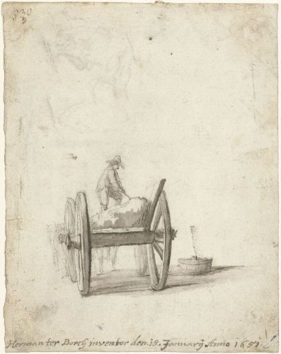 Cart, seen from behind, with a man shovelling manure into a tub