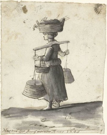 Woman carrying buckets, from behind