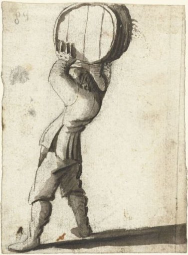 Boy carrying a cask above his head