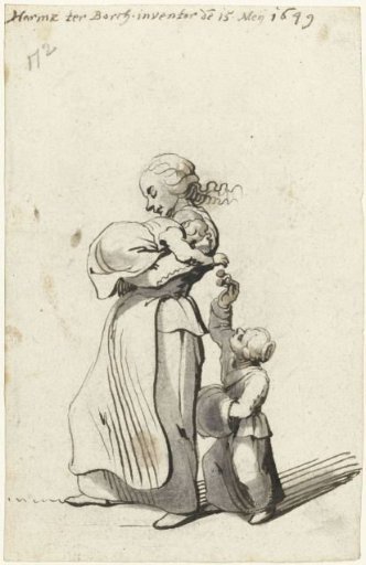 Woman with a baby followed by a child
